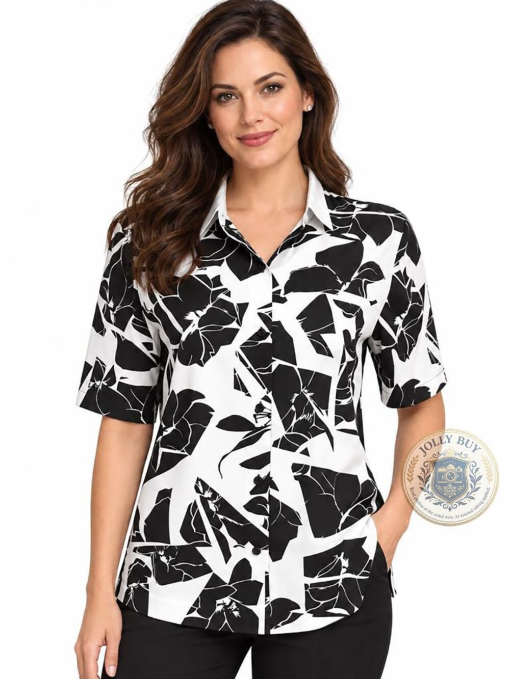 DKNY Women’s Silk Blouse Black & White Floral Print Shirt Short Sleeve Size S